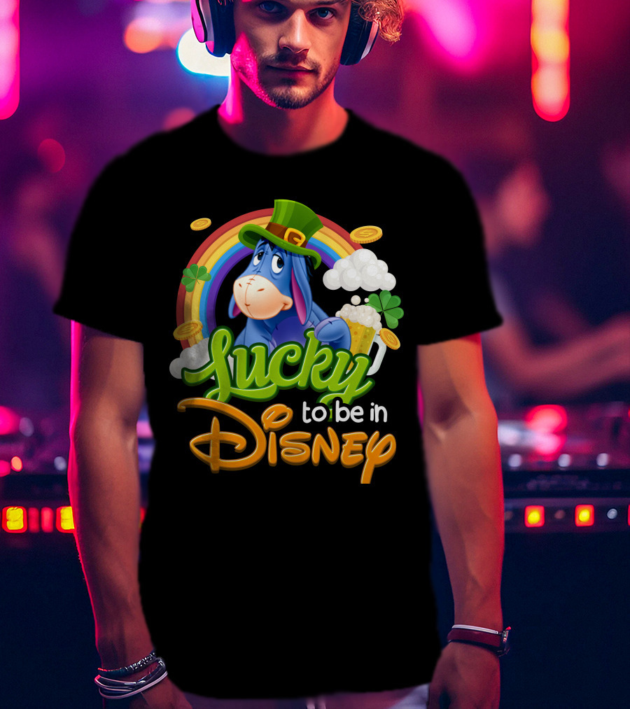 Eeyore Lucky To Be In Disney St. Patrick's Day Rainbow And Coins T-Shirt