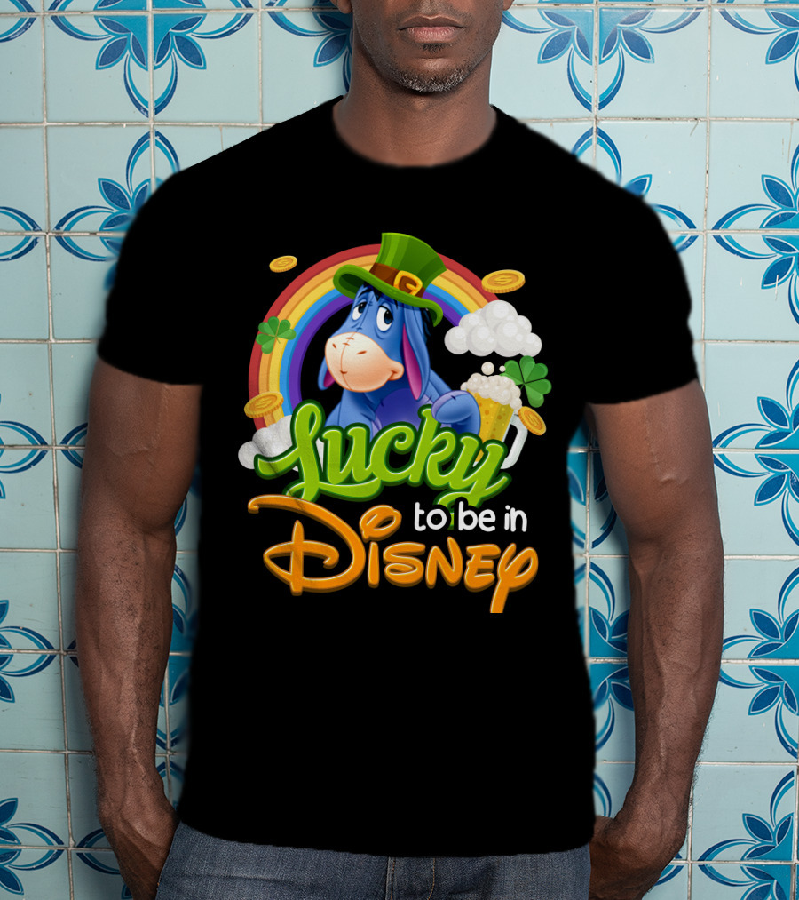 Eeyore Lucky To Be In Disney St. Patrick's Day Rainbow And Coins T-Shirt