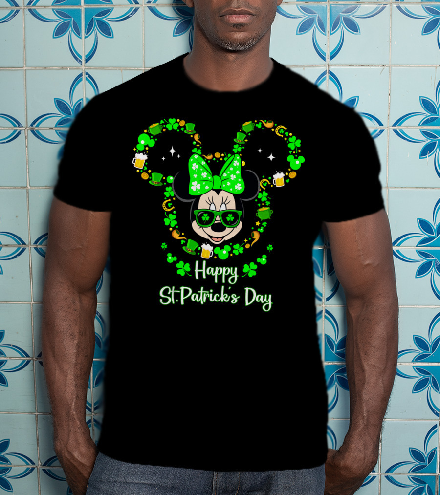 Happy St. Patrick's Day Minnie Mouse With Green Shamrocks And Accessories T-Shirt