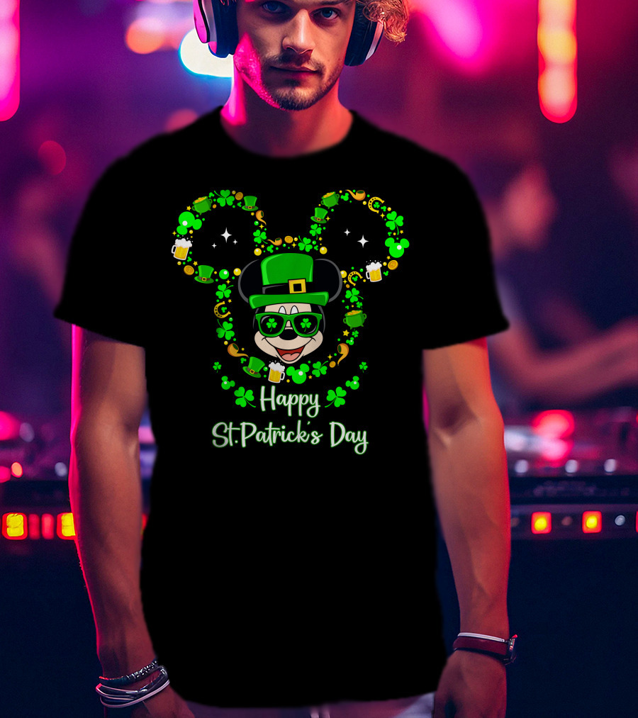 Happy St. Patrick's Day Mickey Graphic With Leprechaun Hat And Shamrocks T-Shirt