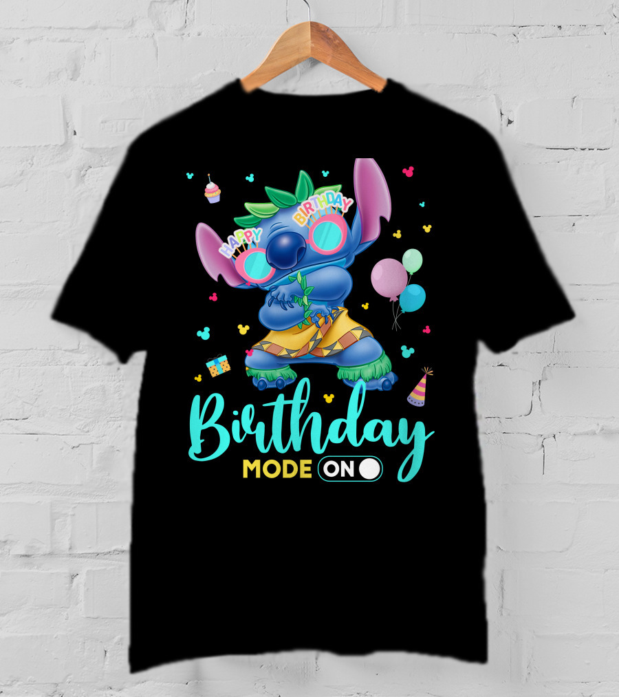 Stitch Birthday Mode On With Balloons And Cupcake T-Shirt