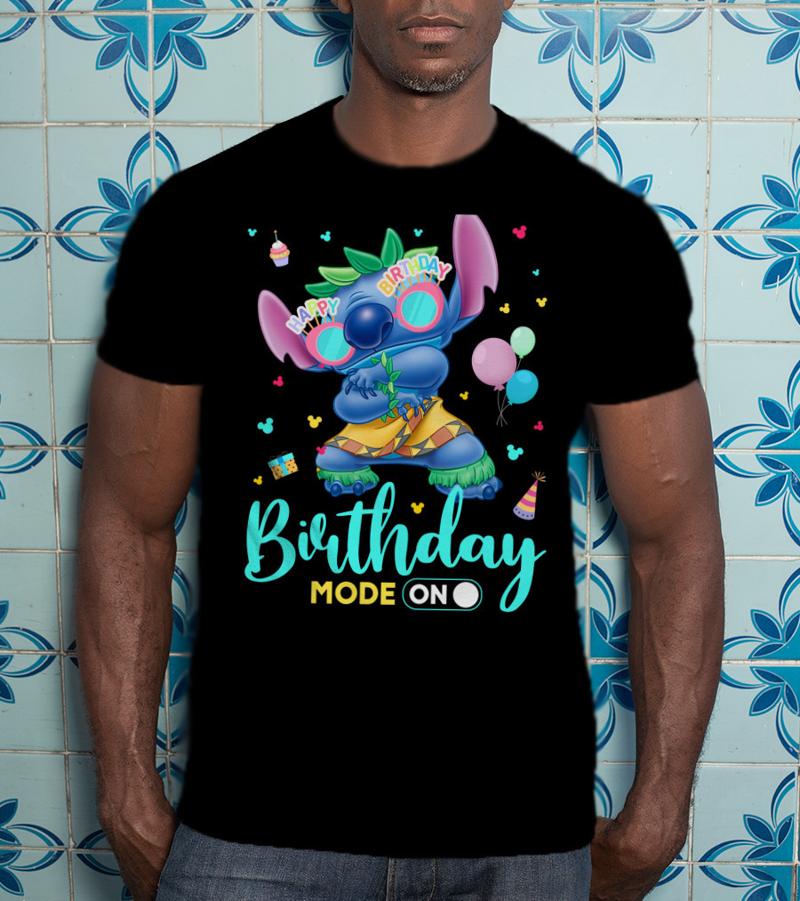 Stitch Birthday Mode On With Balloons And Cupcake T-Shirt