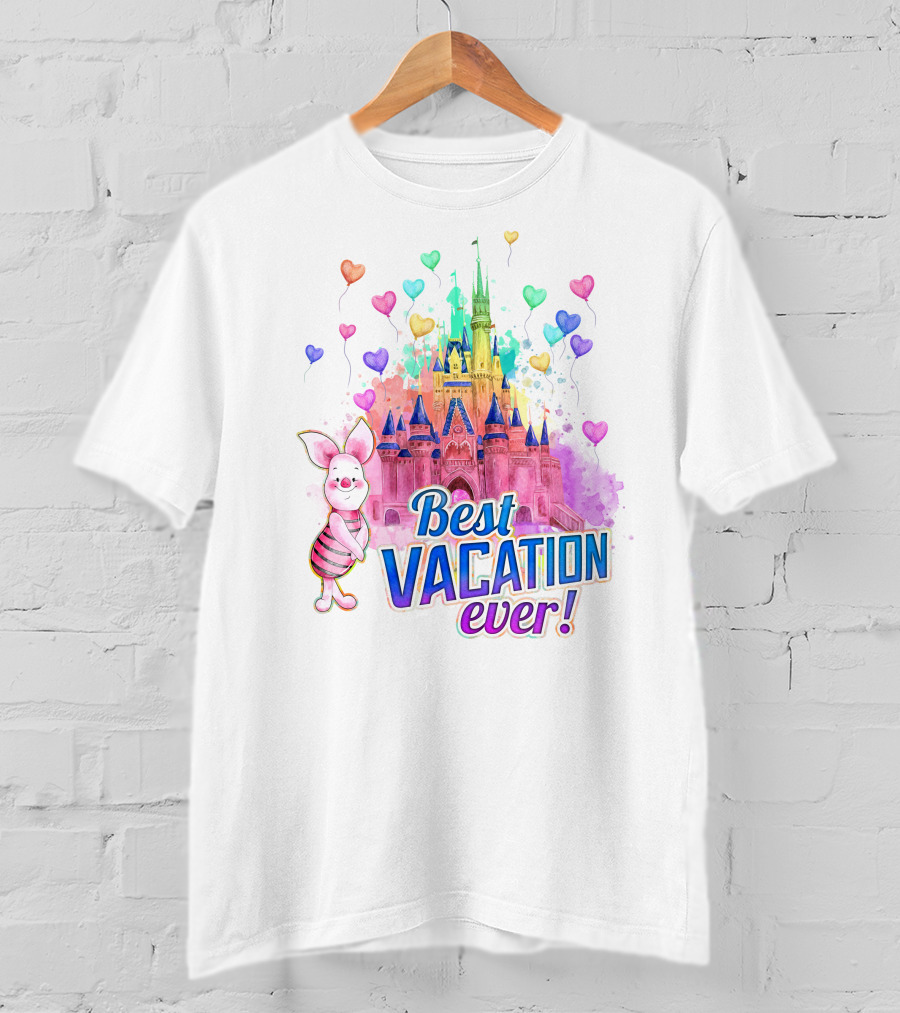 Piglet Best Vacation Ever Colorful Castle And Hearts T-Shirt
