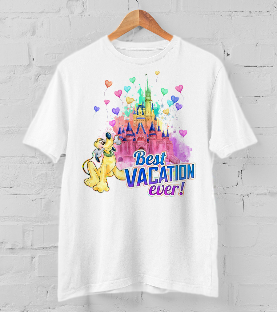 Best Vacation Ever Pluto With Colorful Castle And Heart Balloons T-Shirt