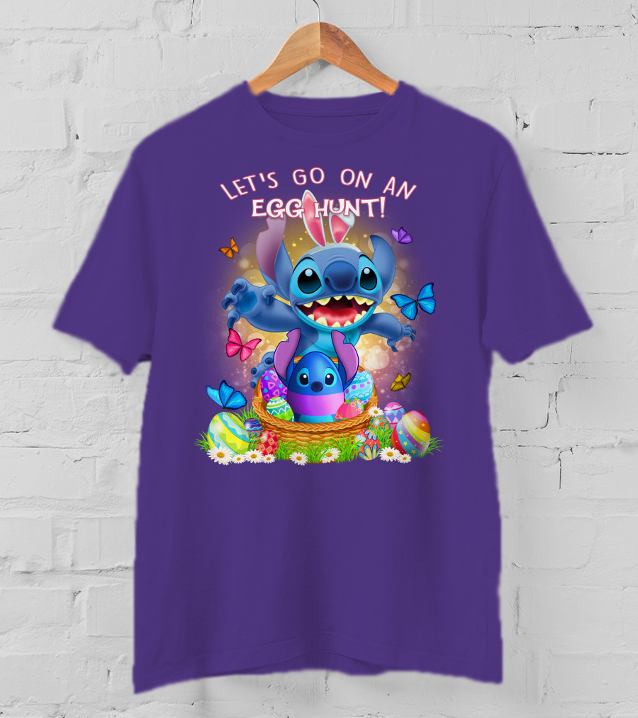 Let's Go On An Egg Hunt With Stitch Basket Of Eggs And Butterflies T-Shirt