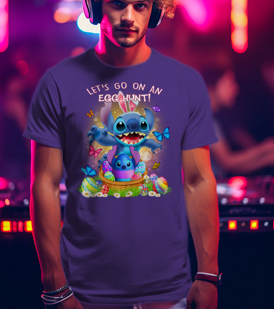 Let's Go On An Egg Hunt With Stitch Basket Of Eggs And Butterflies T-Shirt