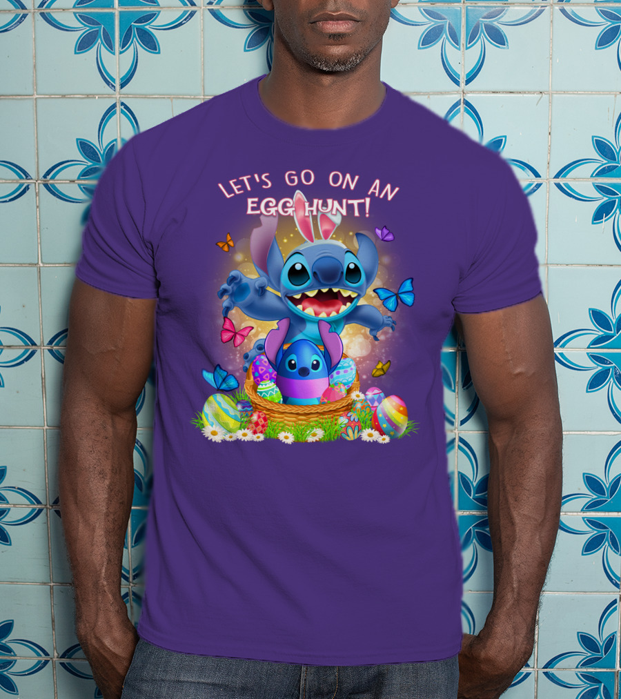 Let's Go On An Egg Hunt With Stitch Basket Of Eggs And Butterflies T-Shirt