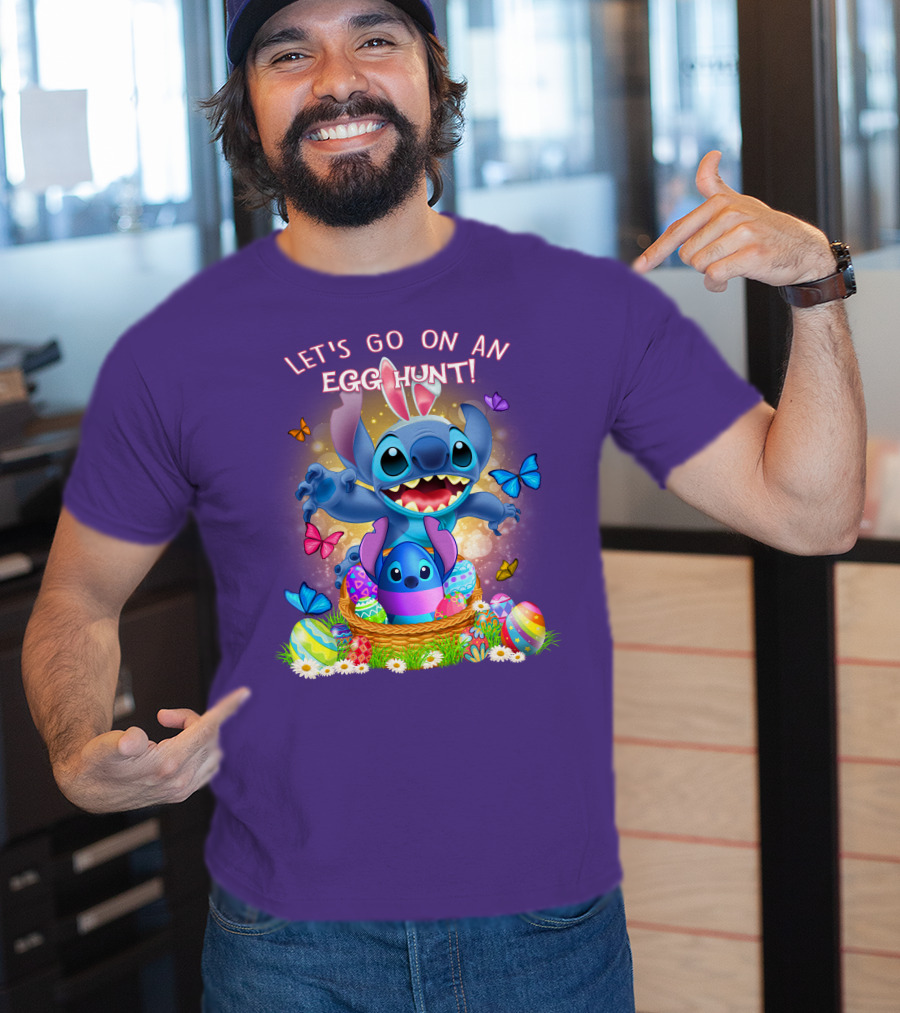 Let's Go On An Egg Hunt With Stitch Basket Of Eggs And Butterflies T-Shirt
