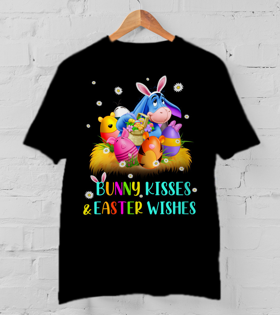Bunny Kisses And Easter Wishes Eeyore Colorful Eggs Basket T-Shirt