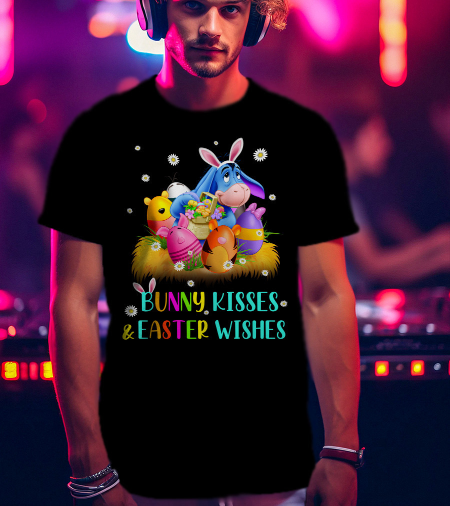 Bunny Kisses And Easter Wishes Eeyore Colorful Eggs Basket T-Shirt