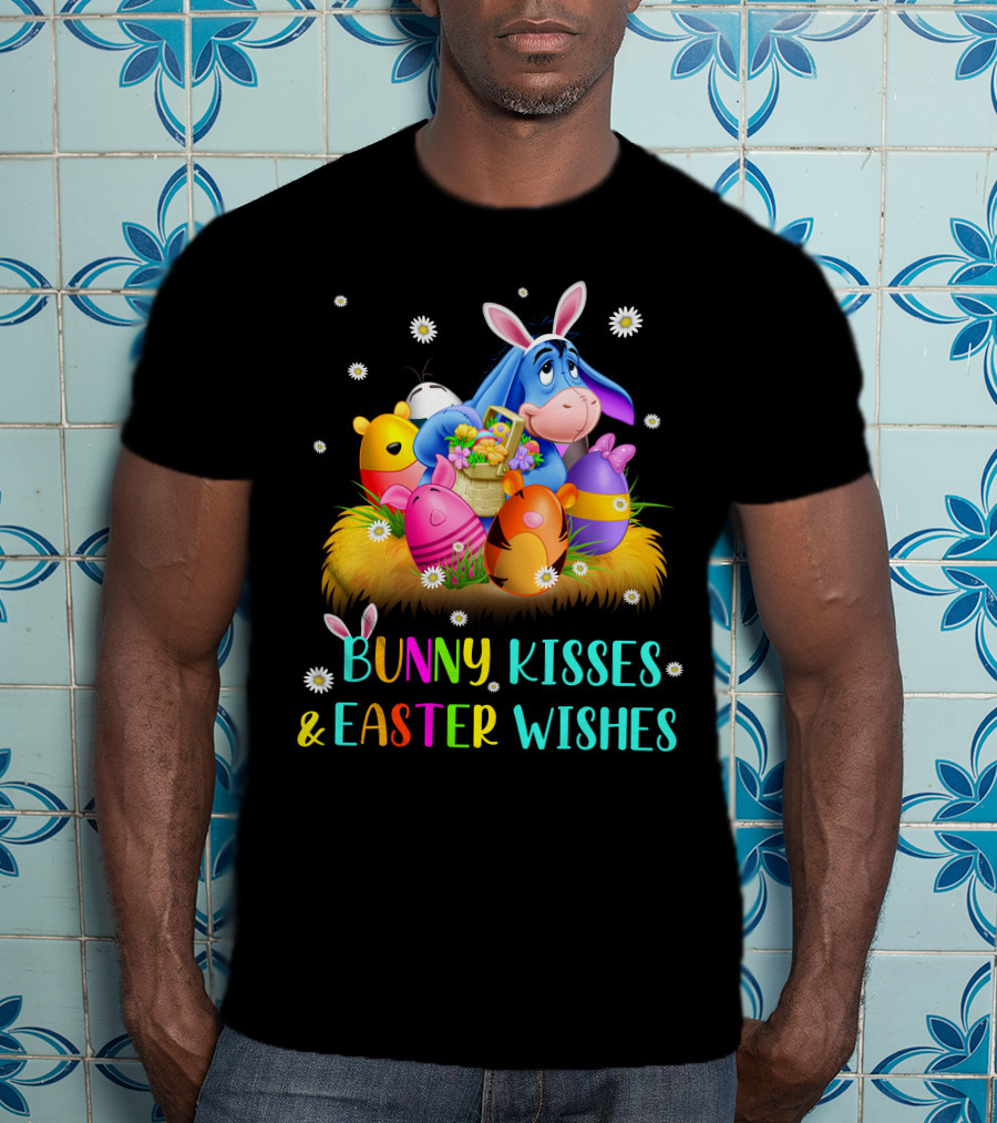 Bunny Kisses And Easter Wishes Eeyore Colorful Eggs Basket T-Shirt