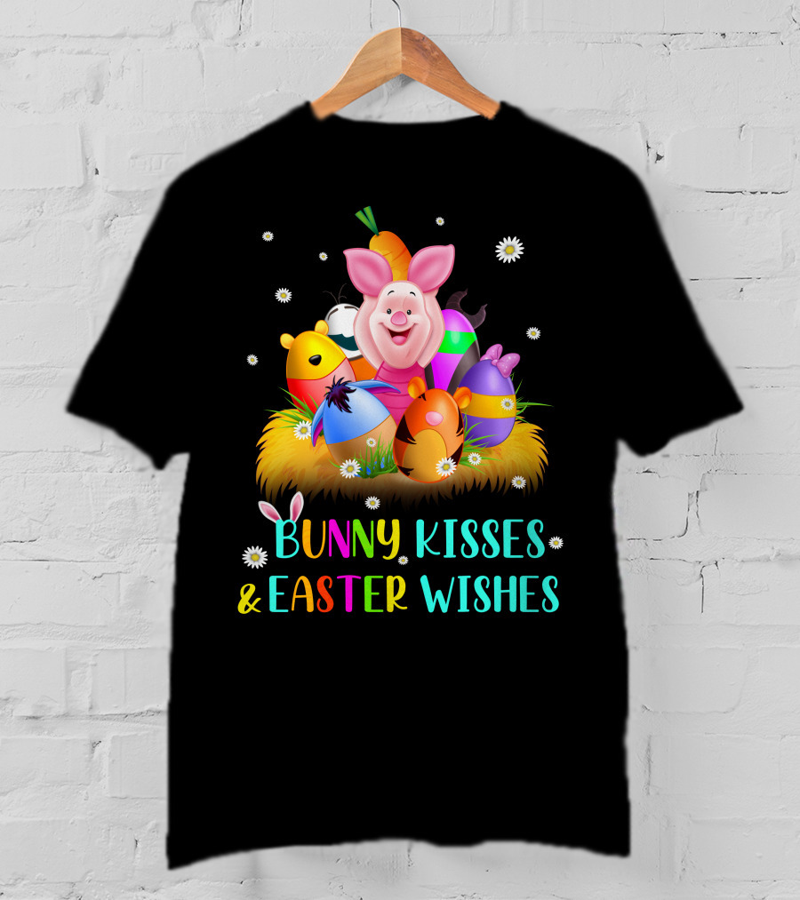 Bunny Kisses & Easter Wishes Piglet Colorful Eggs And Flowers T-Shirt