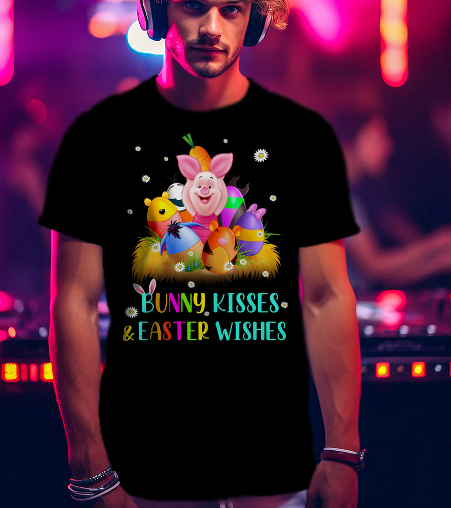 Bunny Kisses & Easter Wishes Piglet Colorful Eggs And Flowers T-Shirt