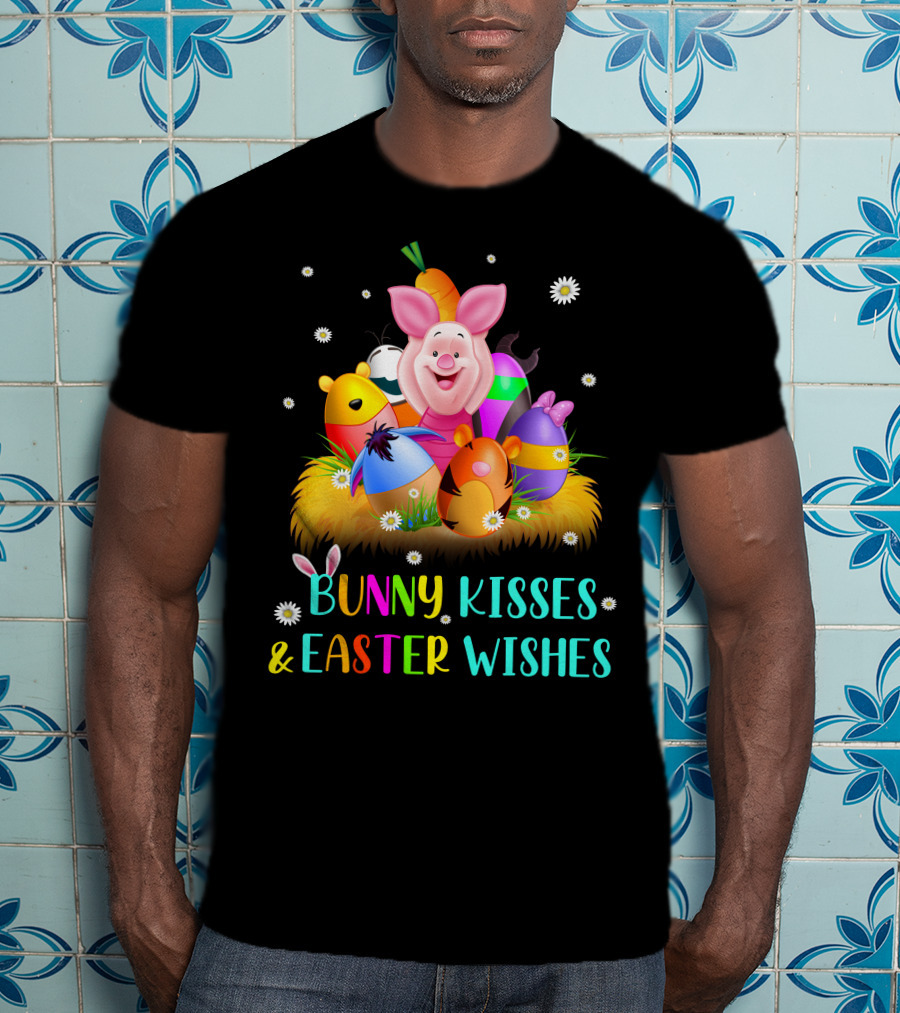 Bunny Kisses & Easter Wishes Piglet Colorful Eggs And Flowers T-Shirt