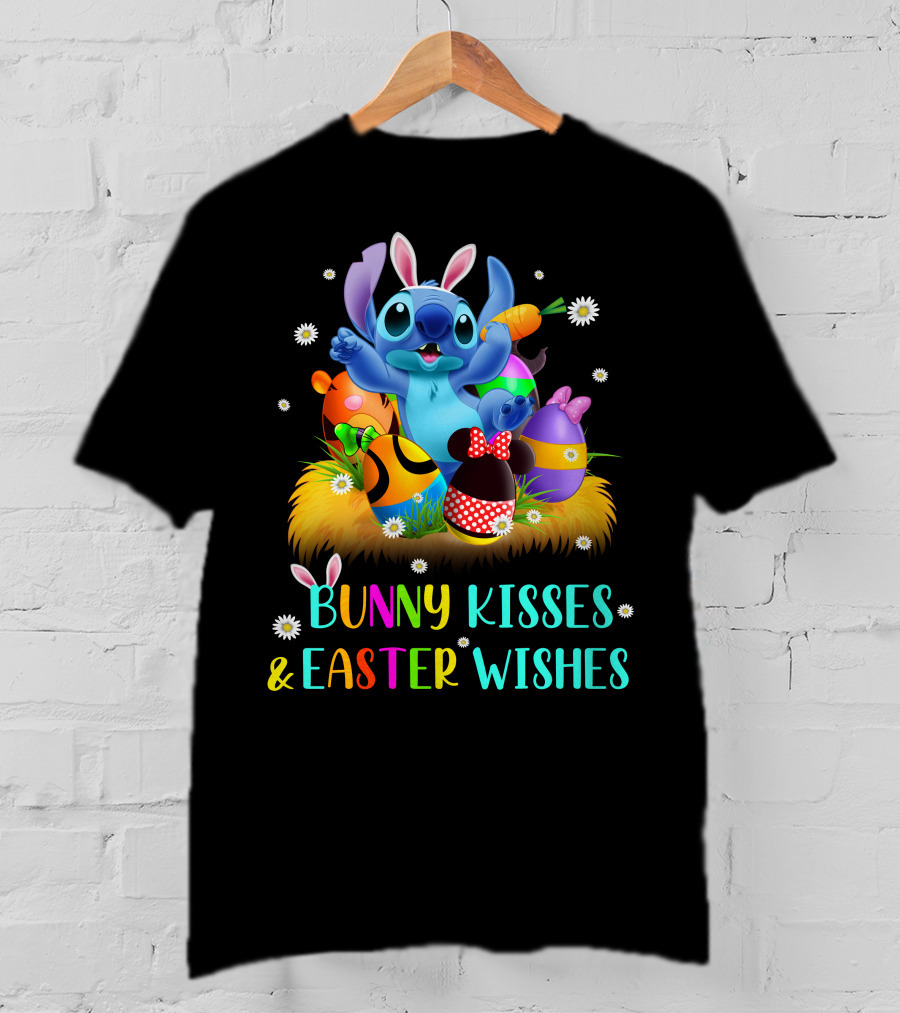Bunny Kisses & Easter Wishes Stitch With Colorful Eggs And Spring Flowers T-Shirt