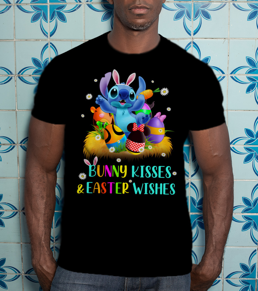 Bunny Kisses & Easter Wishes Stitch With Colorful Eggs And Spring Flowers T-Shirt