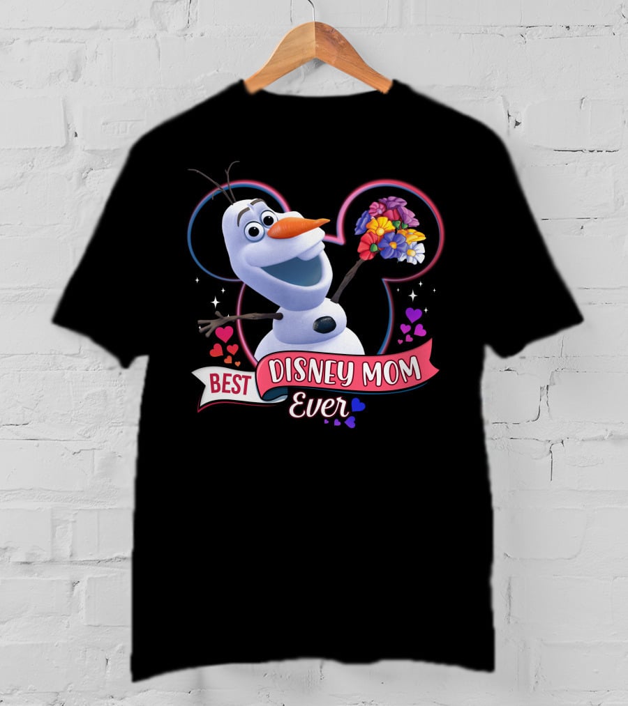 Best Disney Mom Ever Olaf Holding Flowers In Front Of Mickey Mouse Outline T-Shirt