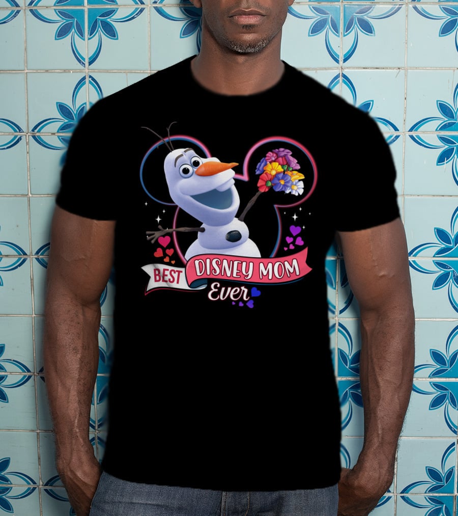 Best Disney Mom Ever Olaf Holding Flowers In Front Of Mickey Mouse Outline T-Shirt