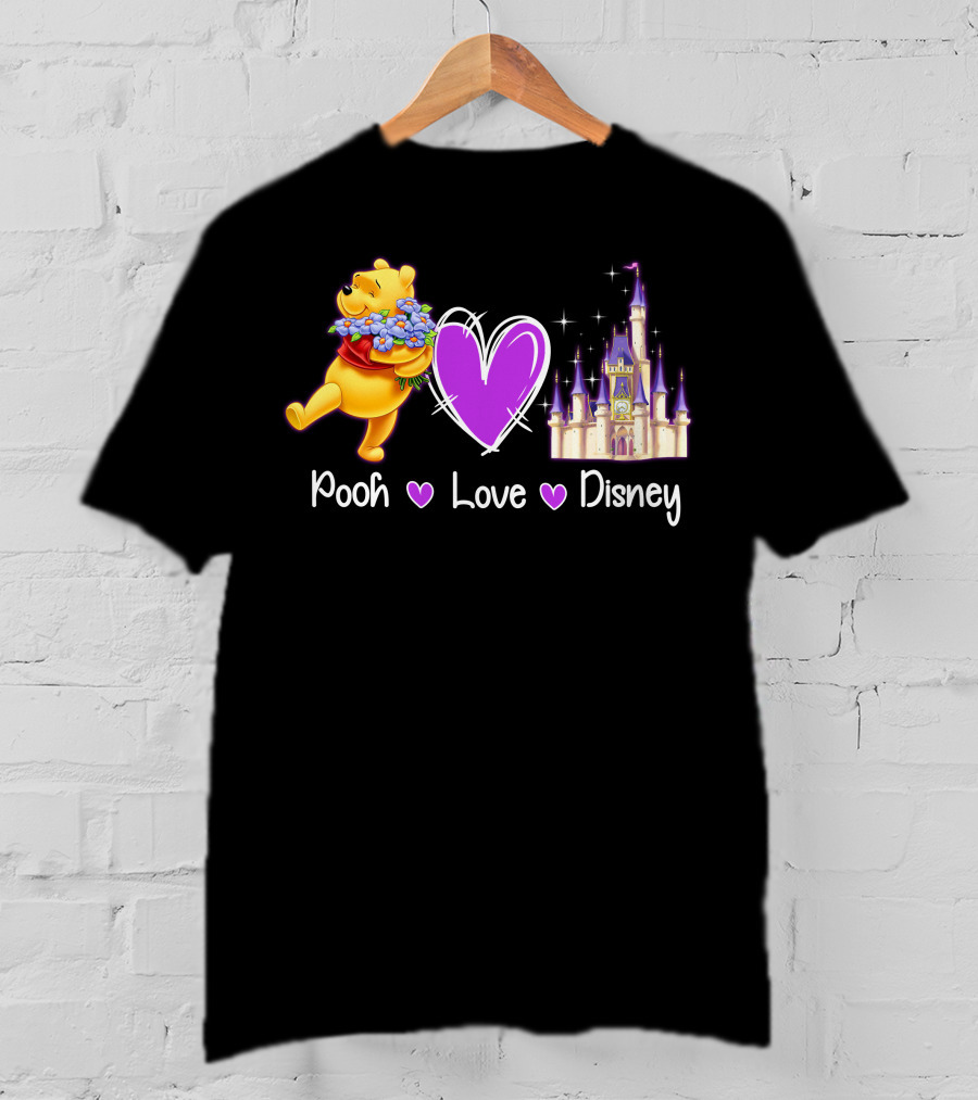 Pooh Love Disney With Purple Heart And Castle T-Shirt