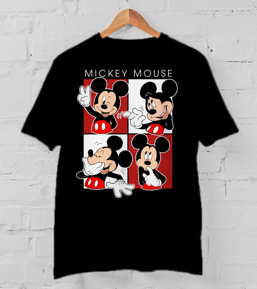 Mickey Mouse Expressive Poses Red And White Comic Panel T-Shirt