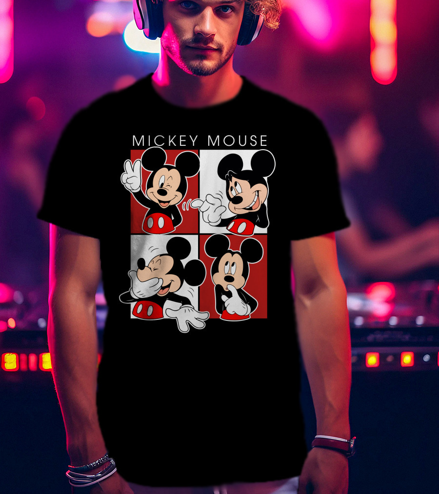 Mickey Mouse Expressive Poses Red And White Comic Panel T-Shirt