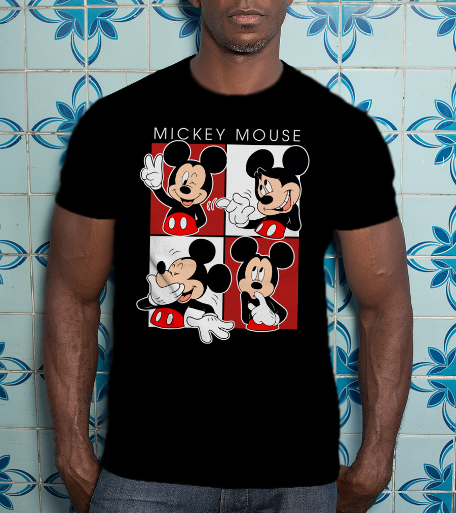 Mickey Mouse Expressive Poses Red And White Comic Panel T-Shirt