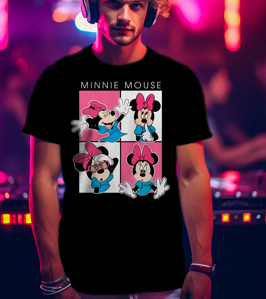 Minnie Mouse Expressive Poses In Blue Dress And Pink Bows T-Shirt