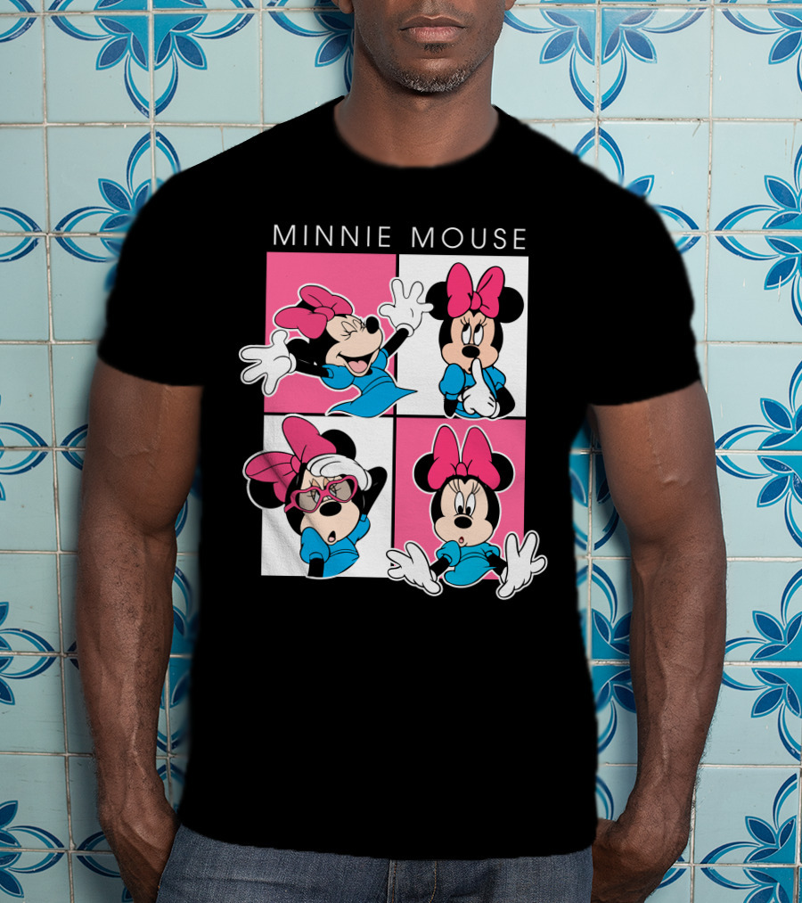 Minnie Mouse Expressive Poses In Blue Dress And Pink Bows T-Shirt