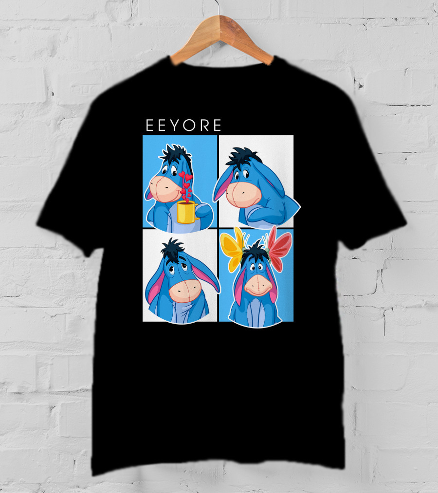 Eeyore Cartoon Expressions With Flowers And Mug T-Shirt