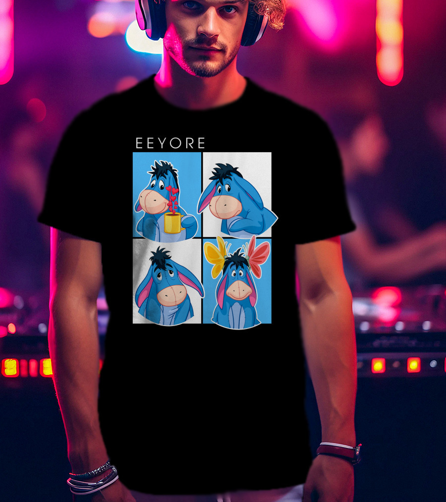 Eeyore Cartoon Expressions With Flowers And Mug T-Shirt