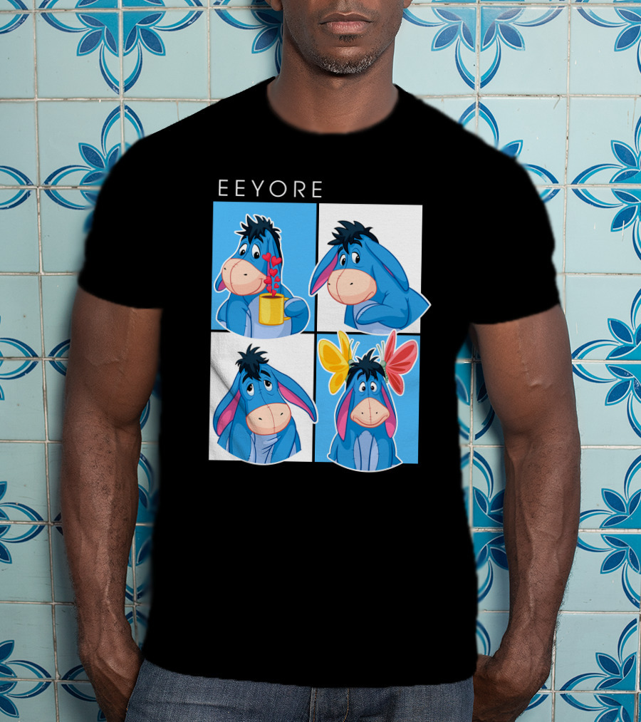 Eeyore Cartoon Expressions With Flowers And Mug T-Shirt