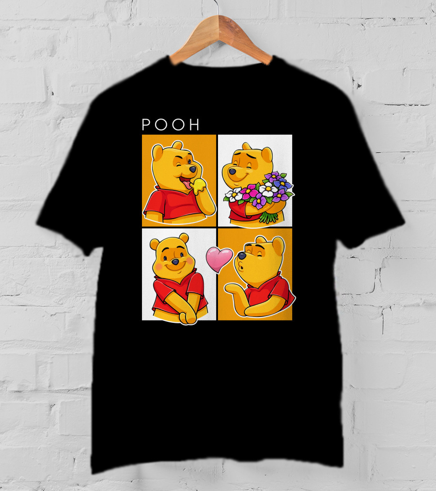 Pooh Cute Expressions And Flowers With Heart T-Shirt
