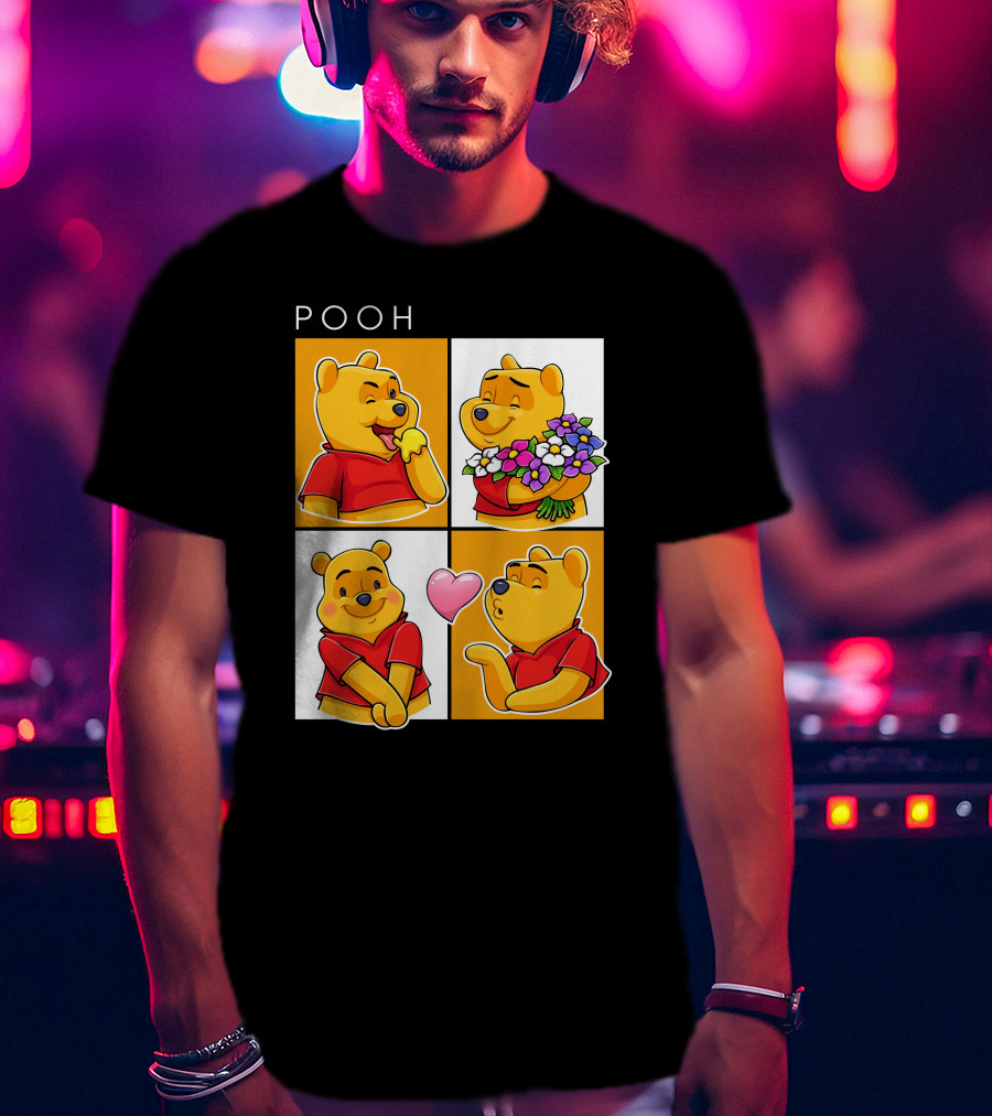 Pooh Cute Expressions And Flowers With Heart T-Shirt