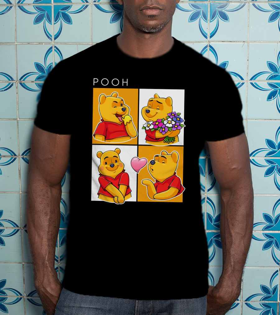 Pooh Cute Expressions And Flowers With Heart T-Shirt