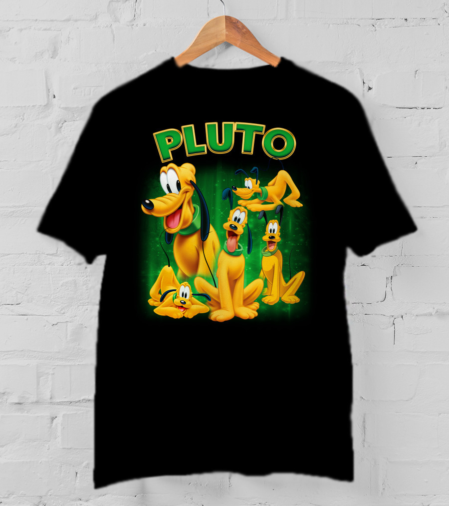 Pluto Classic Disney Character With Multiple Expressions On Green T-Shirt