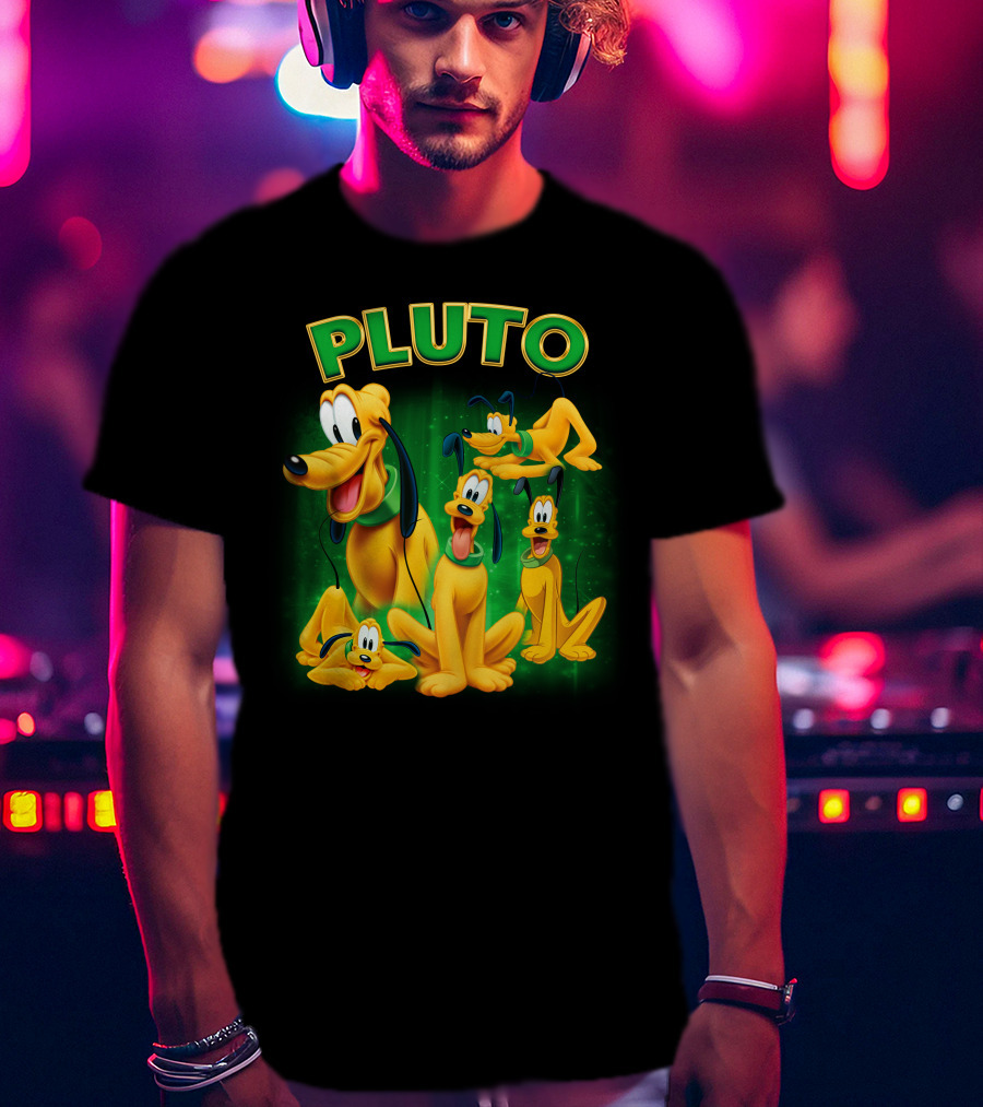 Pluto Classic Disney Character With Multiple Expressions On Green T-Shirt
