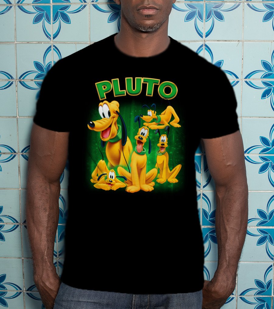 Pluto Classic Disney Character With Multiple Expressions On Green T-Shirt
