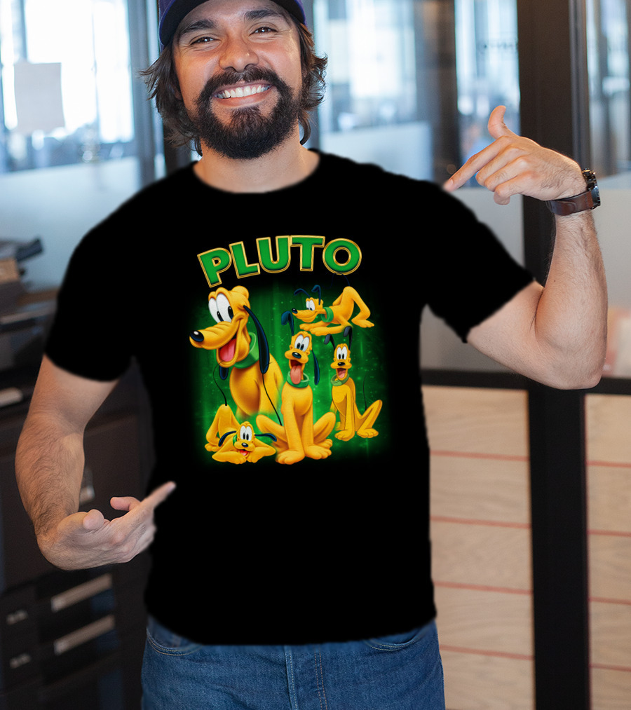 Pluto Classic Disney Character With Multiple Expressions On Green T-Shirt