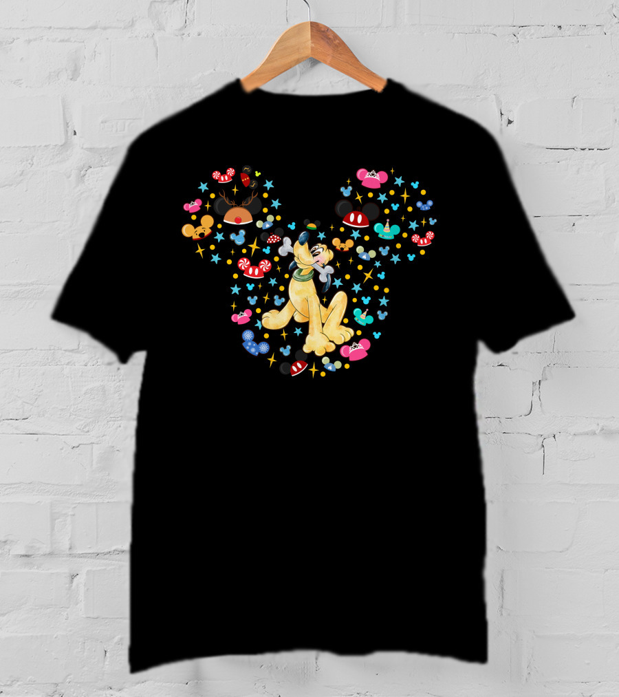 Pluto Surrounded By Mickey Mouse Ears And Holiday Icons T-Shirt