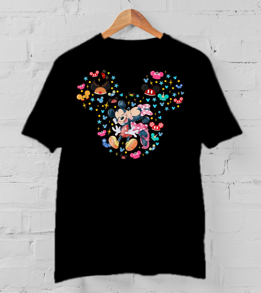Mickey And Minnie Mouse Festive Holiday Celebration With Stars And Candy Cane Accents T-Shirt