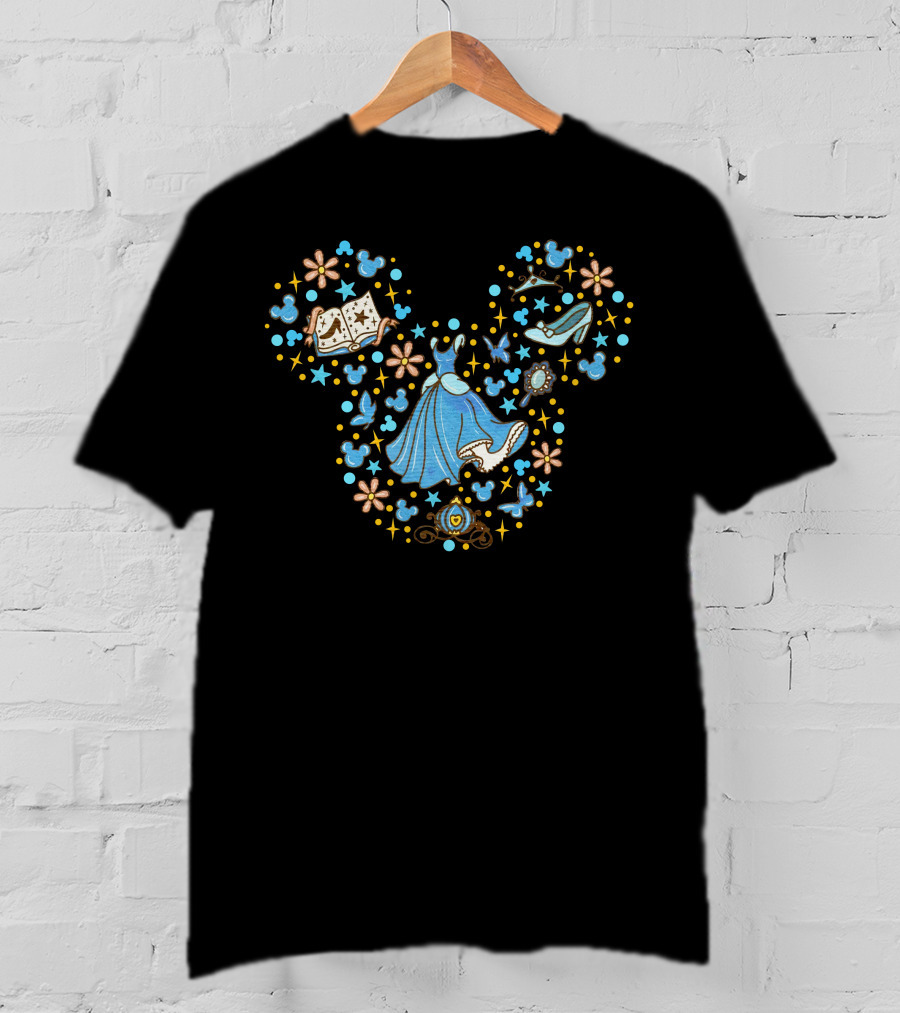 Cinderella Mickey Mouse Head Icon With Glass Slipper And Magic Elements T-Shirt