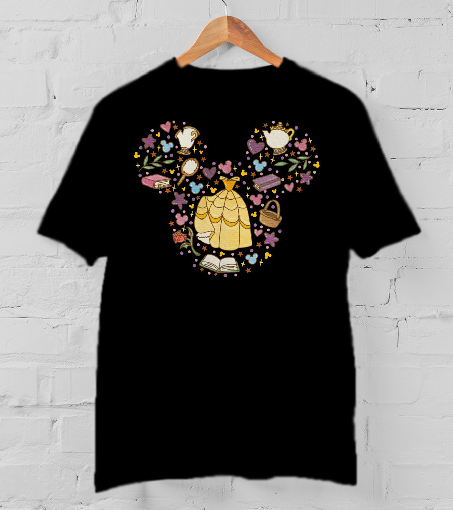 Belle Enchanted Castle Objects With Dress Roses Books And Teapot In Mouse Ears Shape T-Shirt