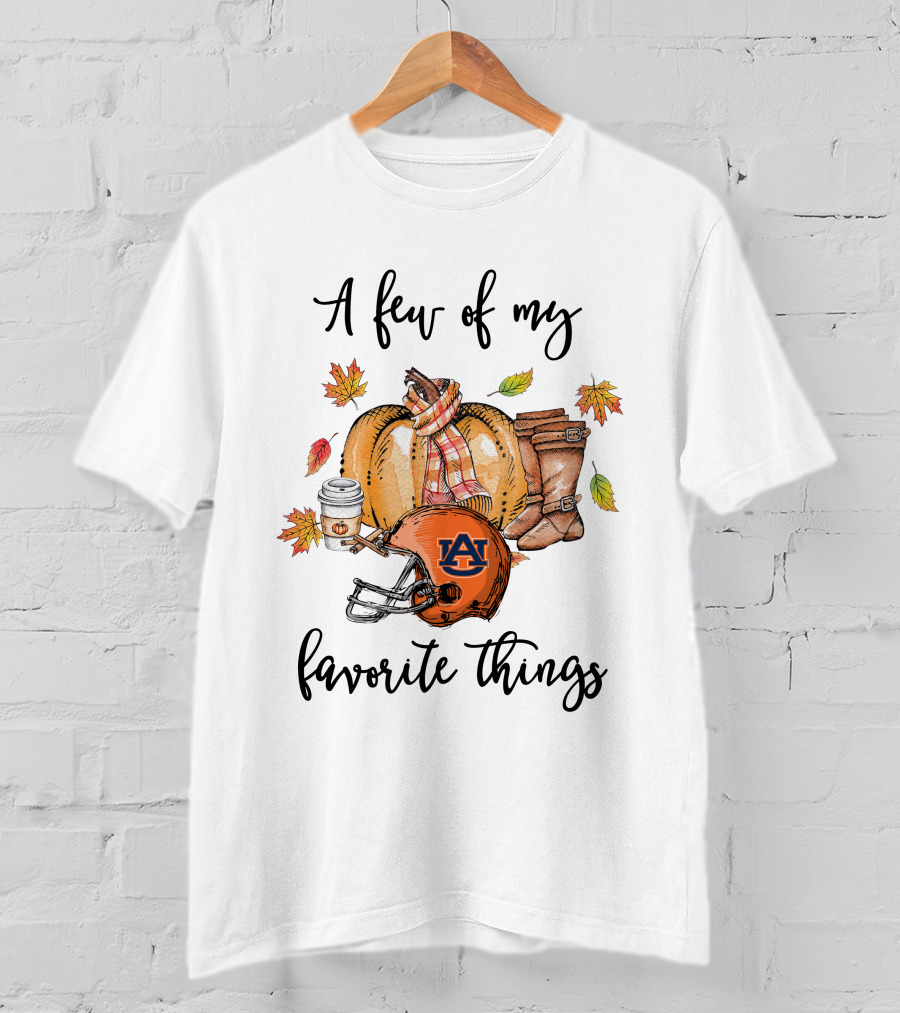 A Few Of My Favorite Things Auburn Tigers Football Helmet Pumpkin Autumn Leaves Boots Scarf Coffee T-Shirt
