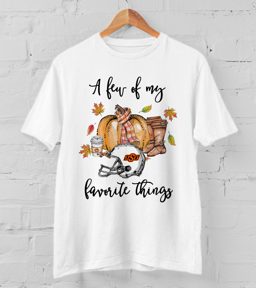 A Few Of My Favorite Things OSU Cowboys Helmet Pumpkin Fall Leaves Boots Coffee T-Shirt
