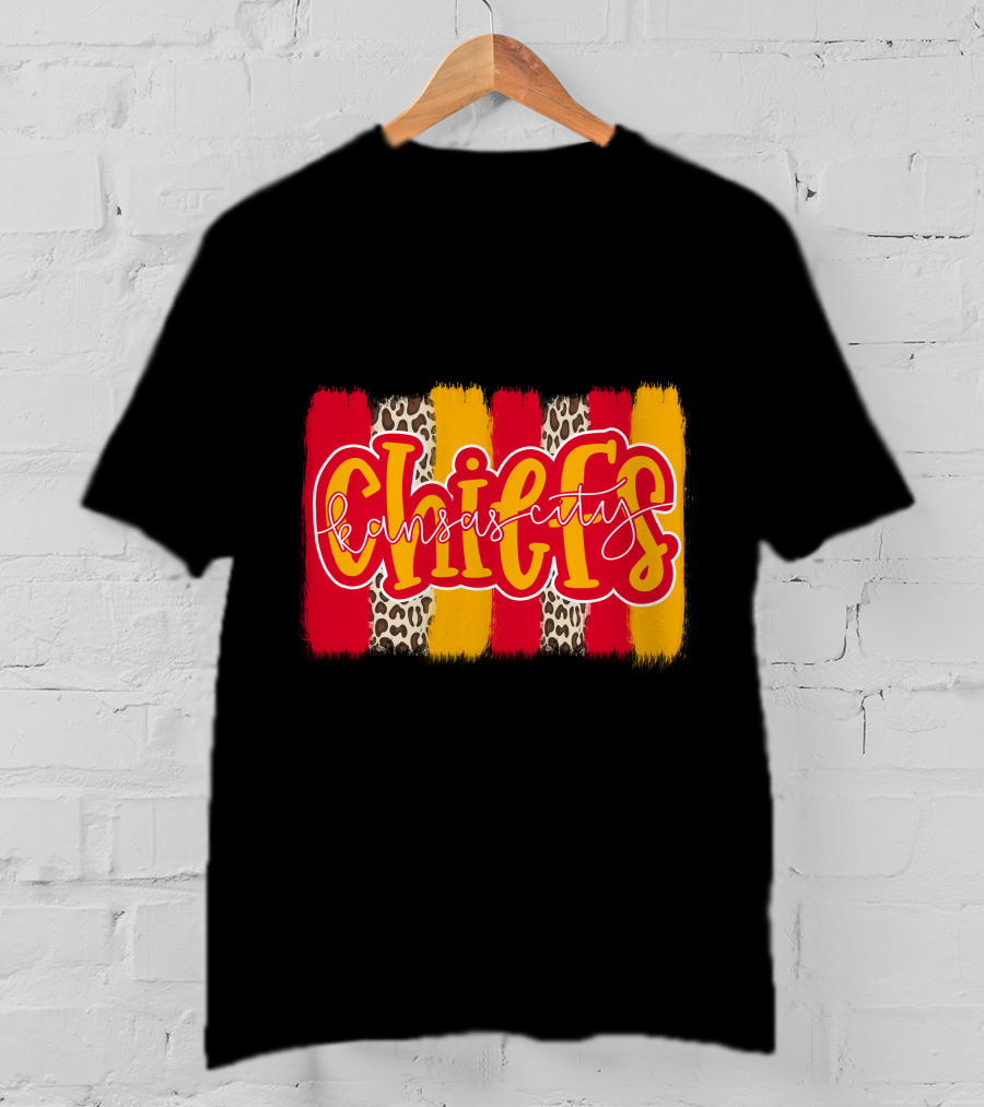 Kansas City Chiefs Handlettered Red Gold Leopard Stripes T-Shirt