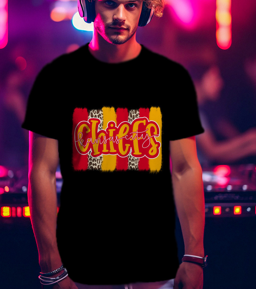 Kansas City Chiefs Handlettered Red Gold Leopard Stripes T-Shirt