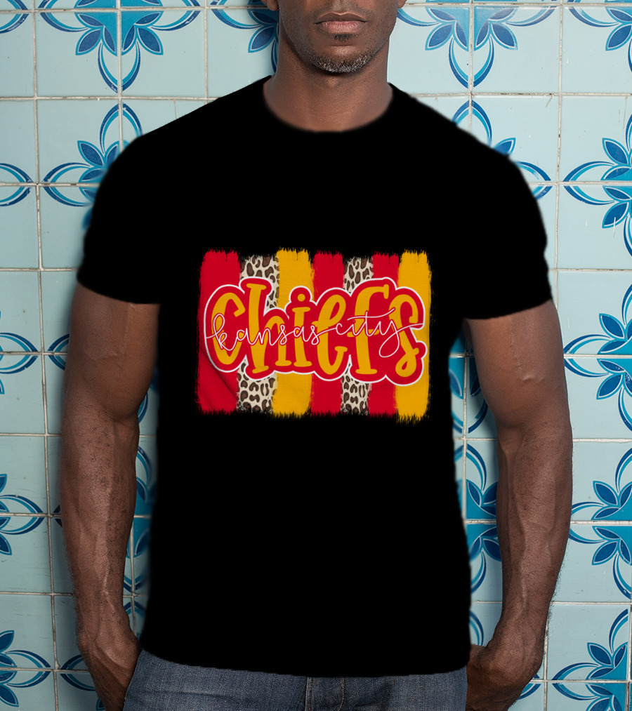 Kansas City Chiefs Handlettered Red Gold Leopard Stripes T-Shirt