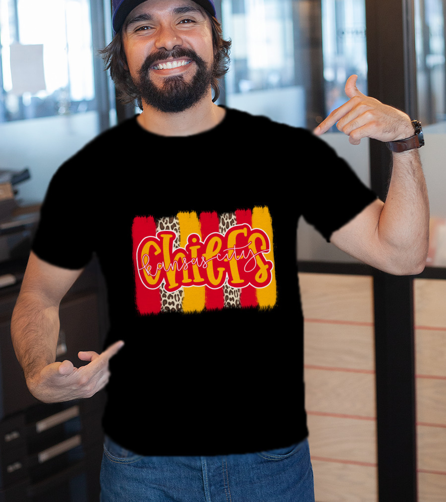 Kansas City Chiefs Handlettered Red Gold Leopard Stripes T-Shirt