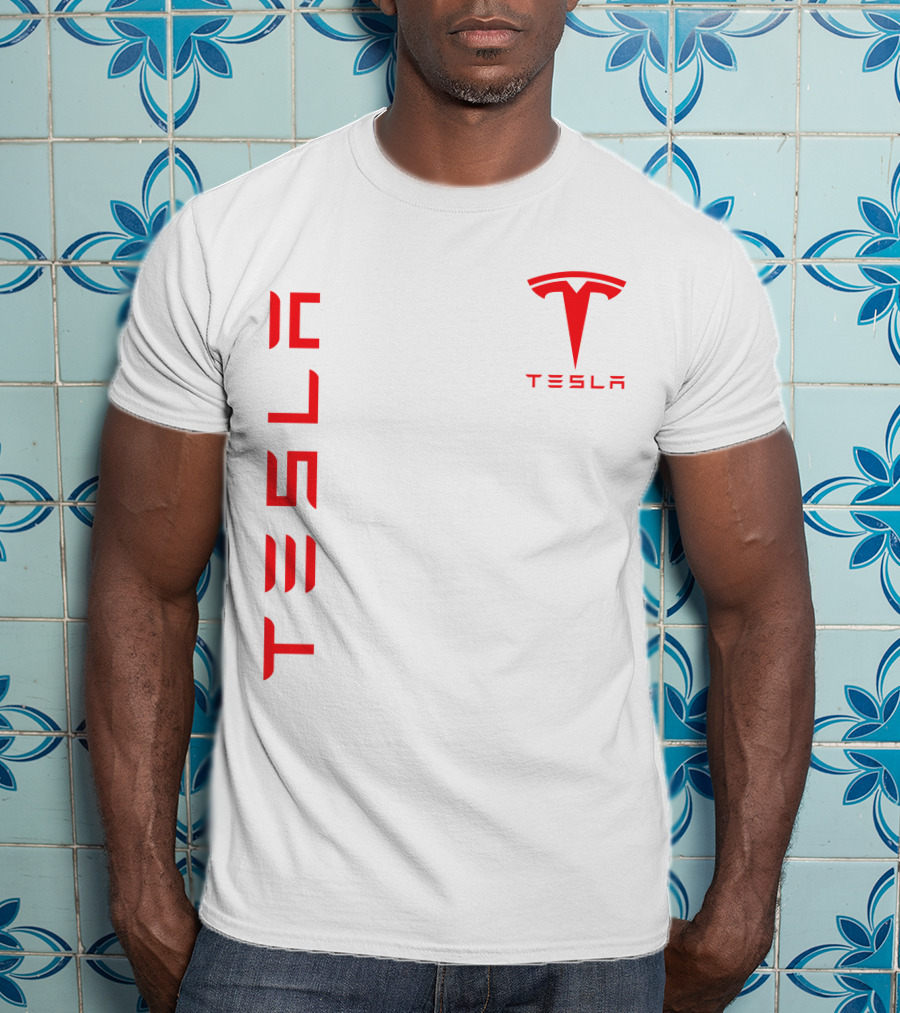 Tesla Vertical And Logo Red T-Shirt