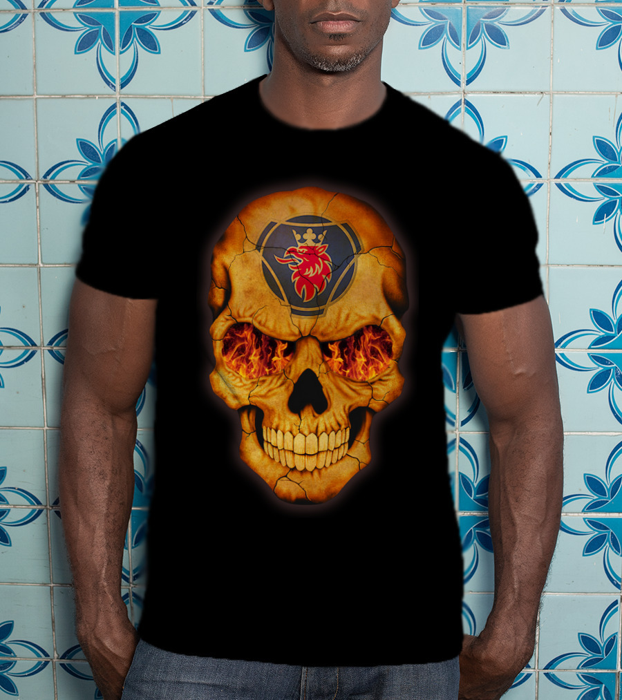 SCANIA Skull With Fiery Eyes And Lion Emblem T-Shirt
